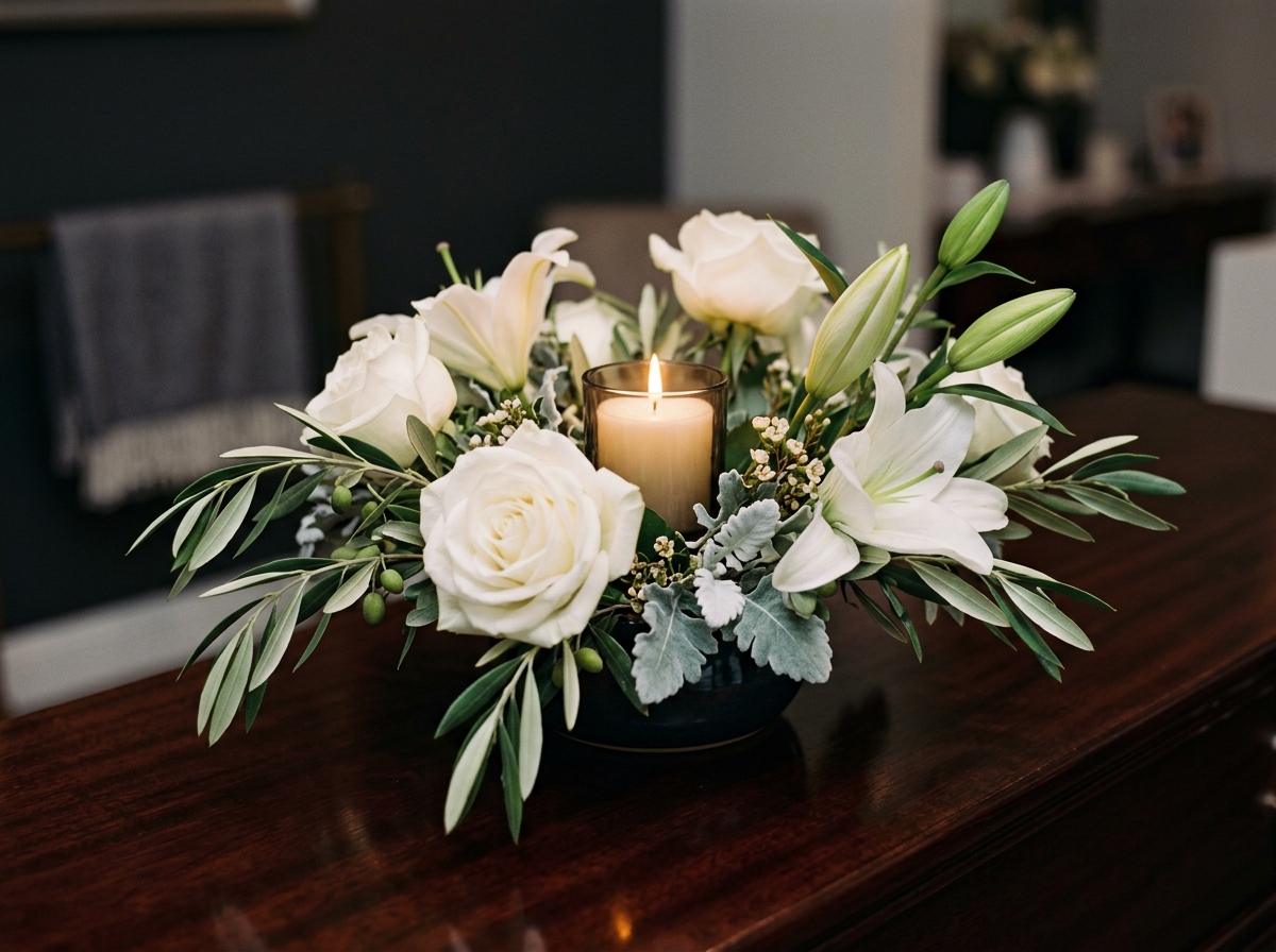 Arranjo floral memorial elegante com vela e rosas brancas